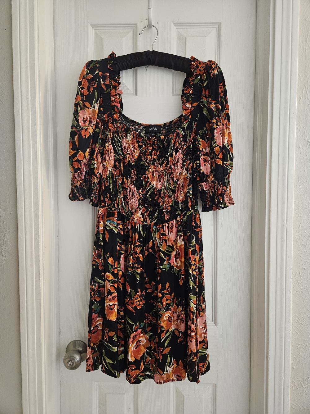 MSK Black Floral Smocked Mini Dress with Peach and Green Accents